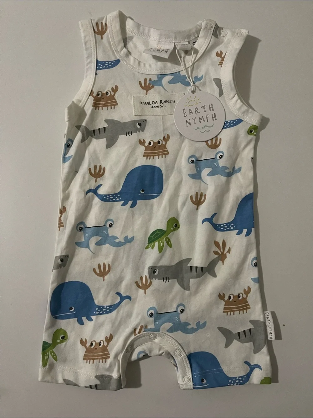 Earth Nymph Kids White Ocean Animal Sleeveless Romper